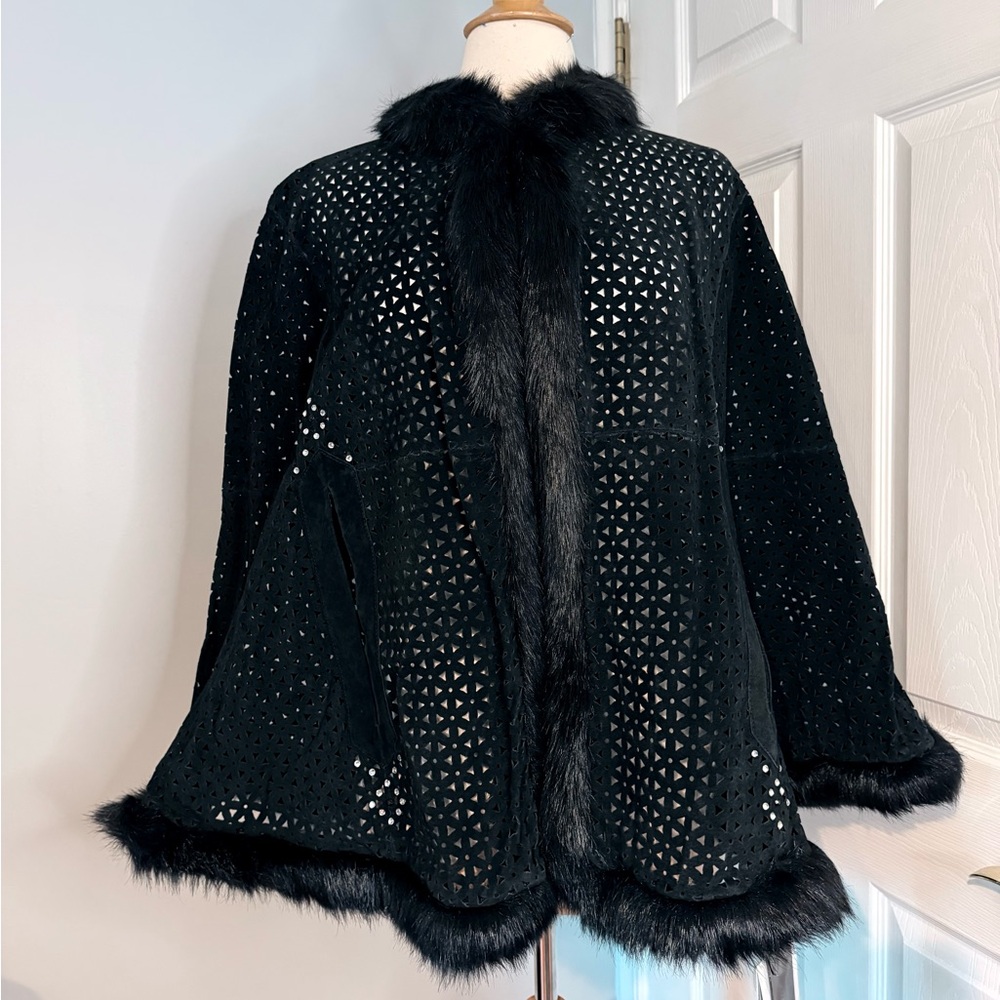Adrienne Landau Suede Faux fur Cape-NWT